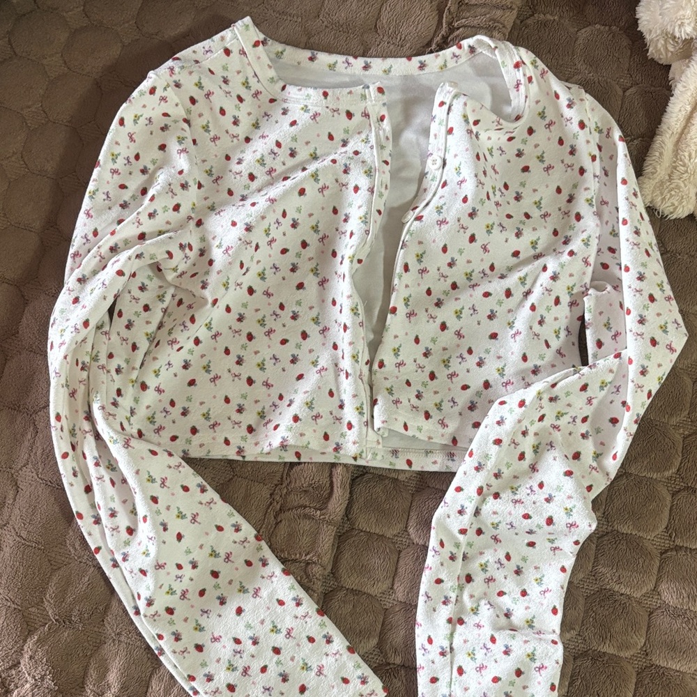 Floral Cropped Cardigan — White with Red & Green Tiny Flowers